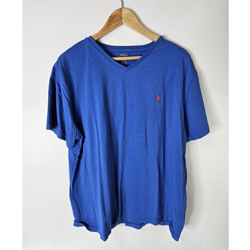Polo R Lauren V Neck T-shirt Blue Sz XL Pink Embroidery Logo